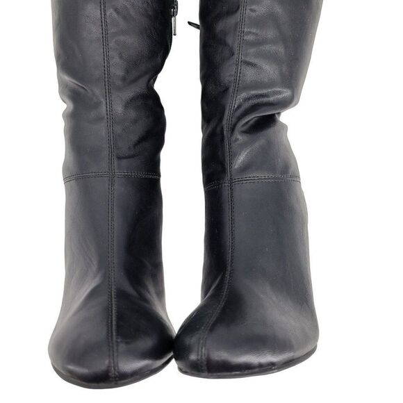 Vintage 90s Vegan Faux Leather Knee High‎ Boots 7 Black Cuffed Heeled Pirate - Picture 6 of 9